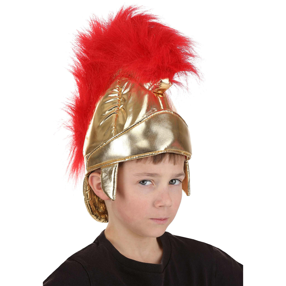 A child wearing a shiny gold Roman-style helmet with a tall bright red feather plume, photographed against a plain white background.