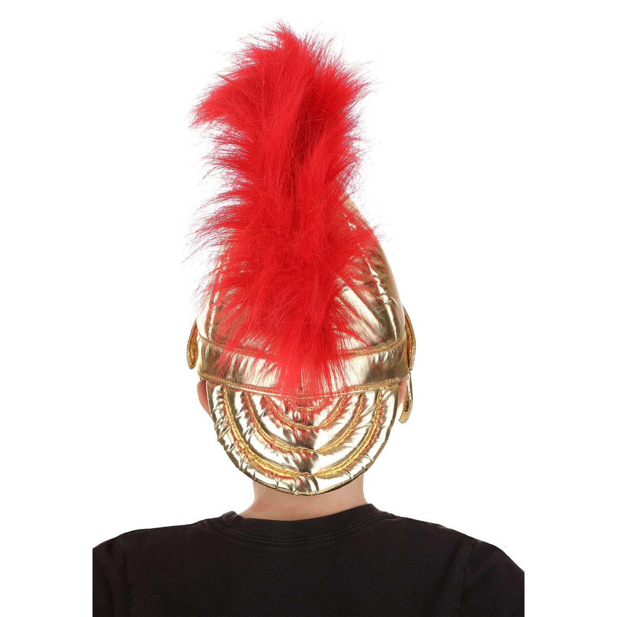 A person shown from the back wearing a shiny gold gladiator-style helmet with a tall bright red feather plume, against a plain white background.