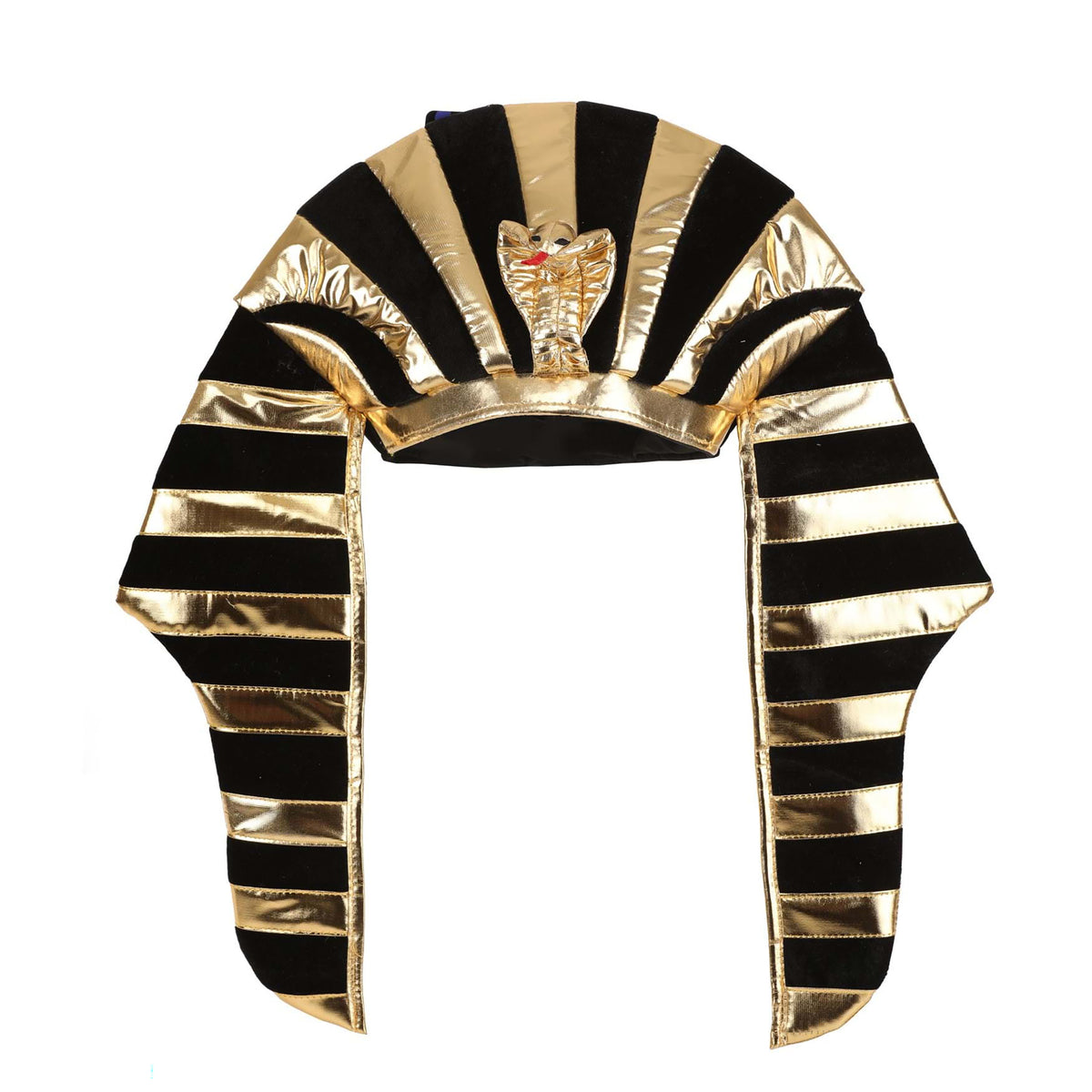 A gold and black striped pharaoh costume headpiece with a small gold scarab beetle detail on the forehead, shown against a plain white background.