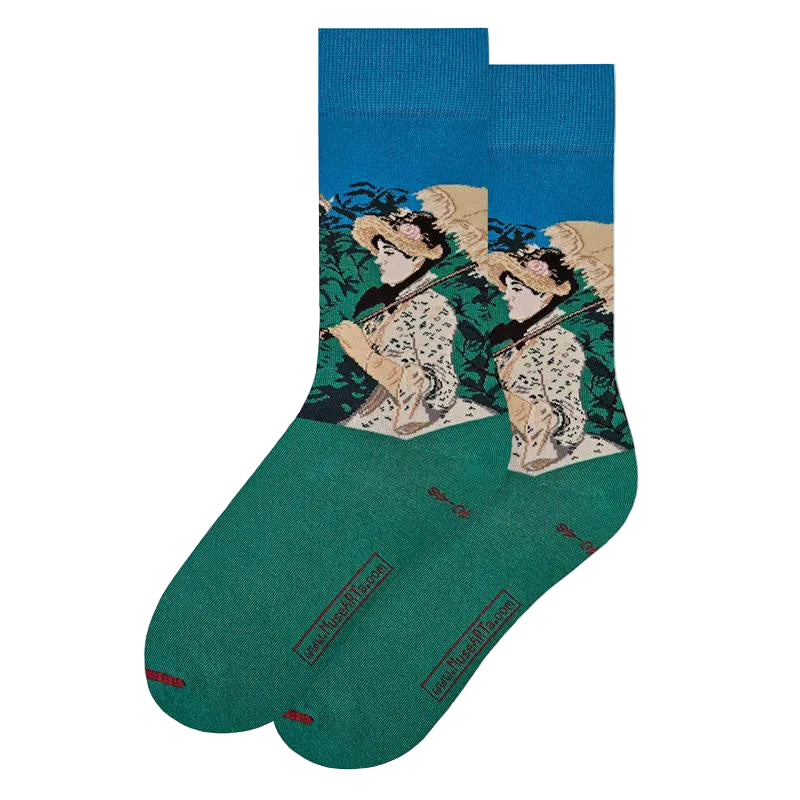 Teal sock with a design of two women holding fans on a white background