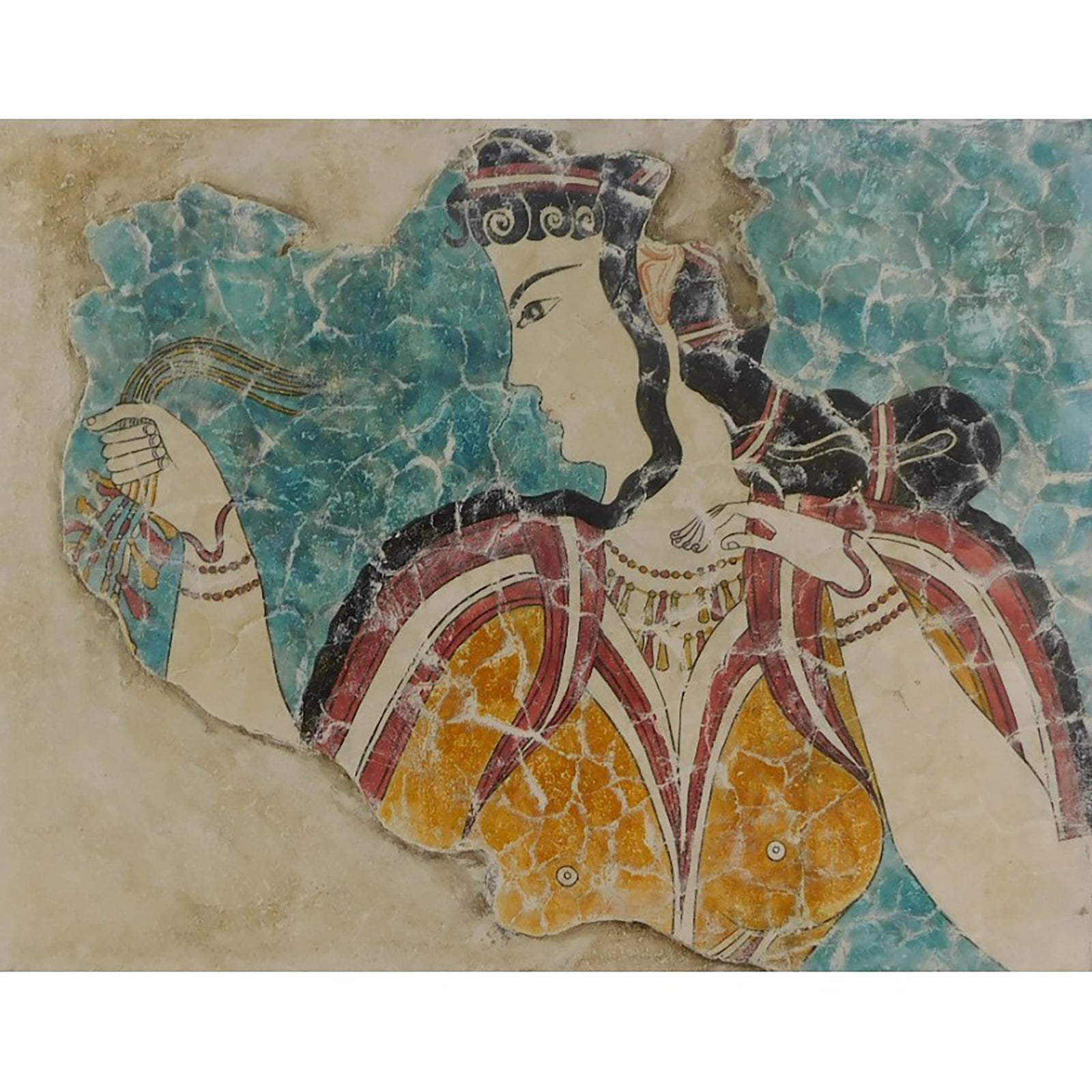 Fragment of a fresco with a woman featuring blue, orange, and black colors on a beige background.