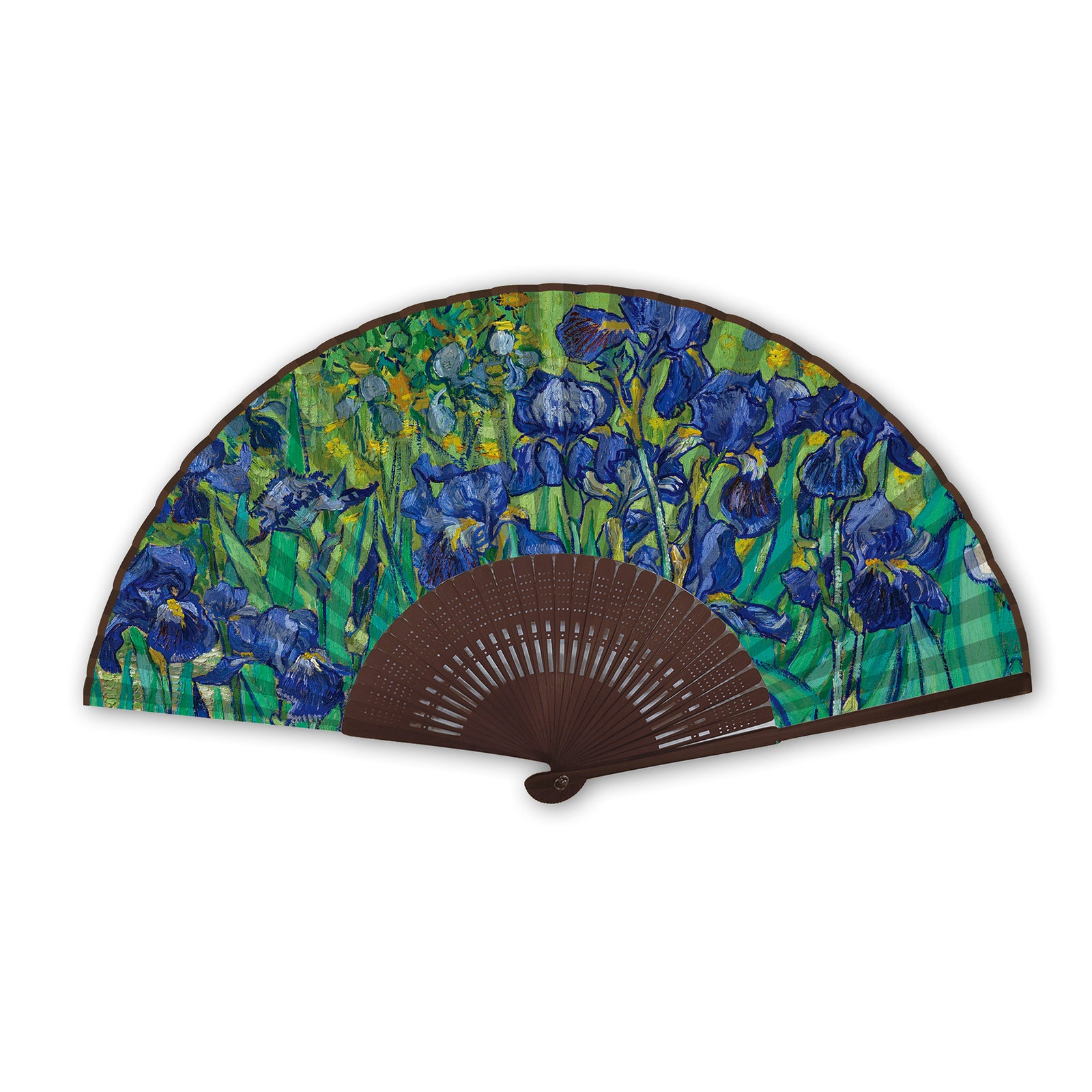 A folding hand fan with a printed design resembling Vincent van Gogh's painting 'Irises'.