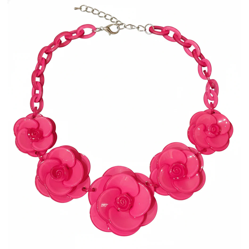 Pink floral necklace on a white background