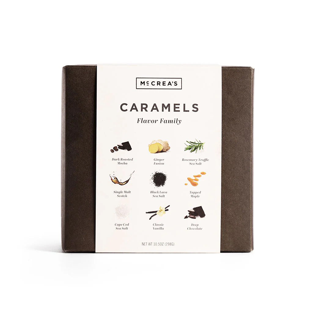 Box of McCrea's Caramels with flavor illustrations on a white background