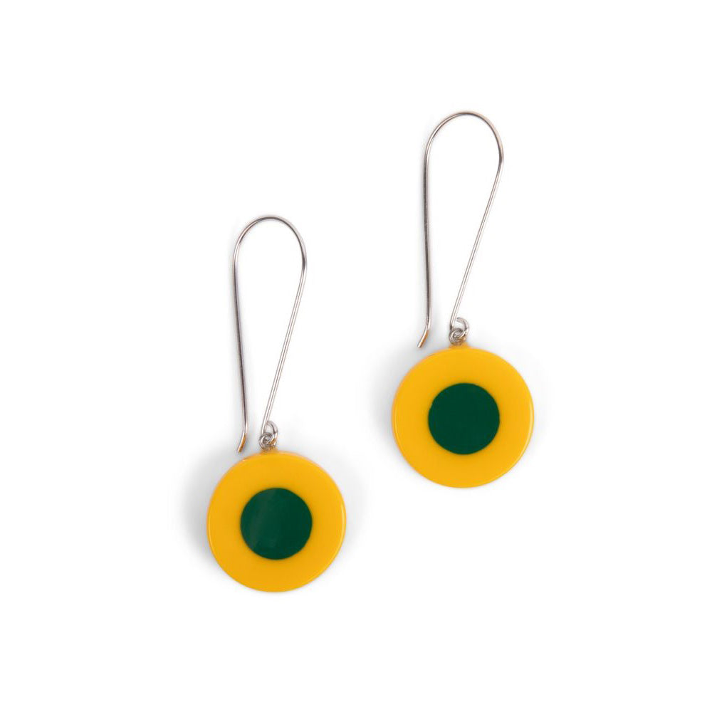 A pair of long wire earrings with yellow and green resin beads attached to sterling silver ear wires.