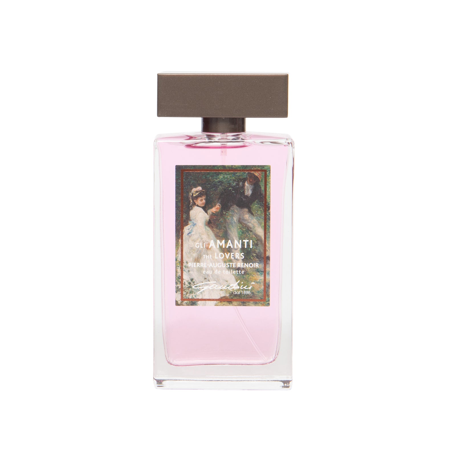 A bottle of The Promenade Eau de Toilette with a pink label and a picture of a painting depicting two women in a garden. The packaging has 'du' and 'amanti' text along with the name 'Pierre-Auguste Renoir' and the title of the painting.