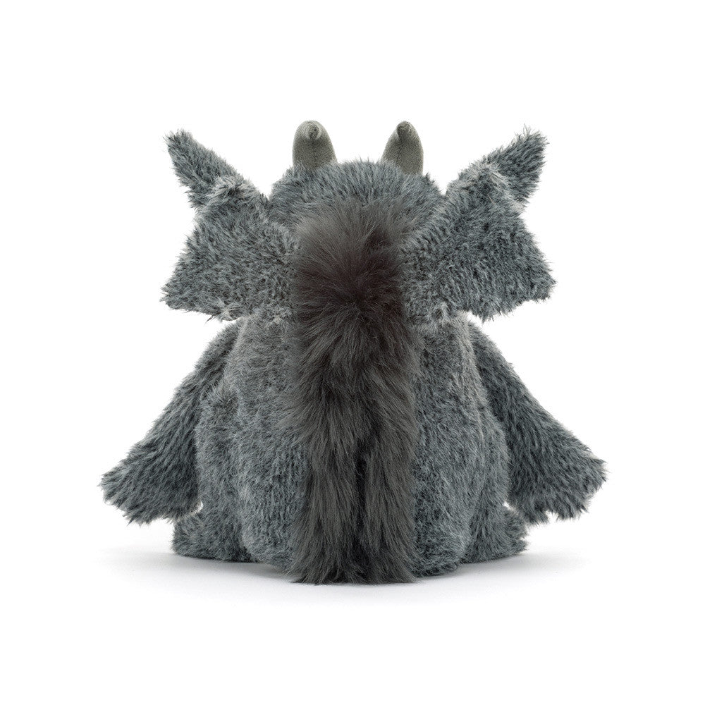 A gray plush gargoyle toy shown from the back, featuring fluffy textured fur, small horns, and wings, photographed on a clean white background.