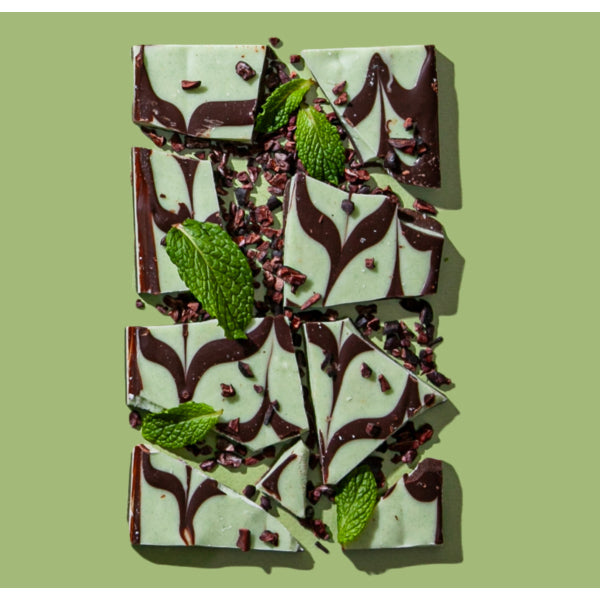 Mint chocolate bark with mint leaves on a green background
