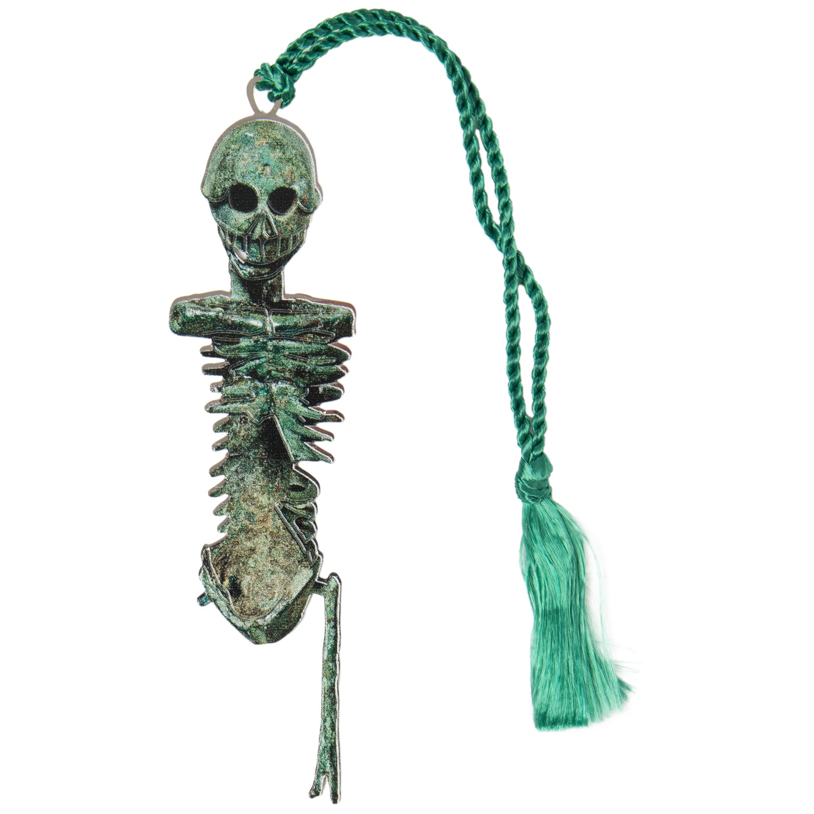 A metal bookmark in the shape of a Roman miniature bronze skeleton with a green tassel.