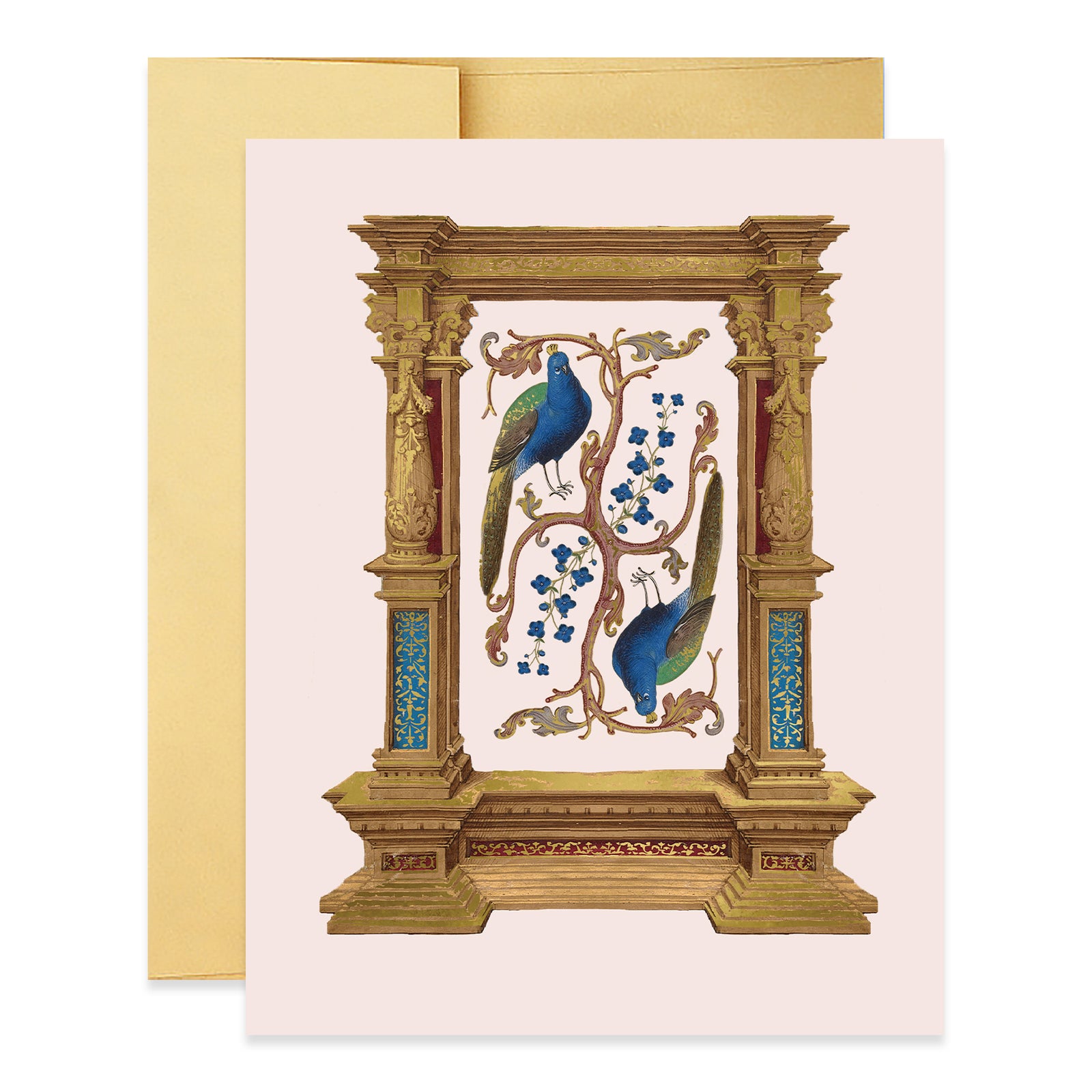 Greeting card featuring a medieval manuscript-inspired illustration with peacocks and a decorative frame, printed and foil-stamped on premium paper.