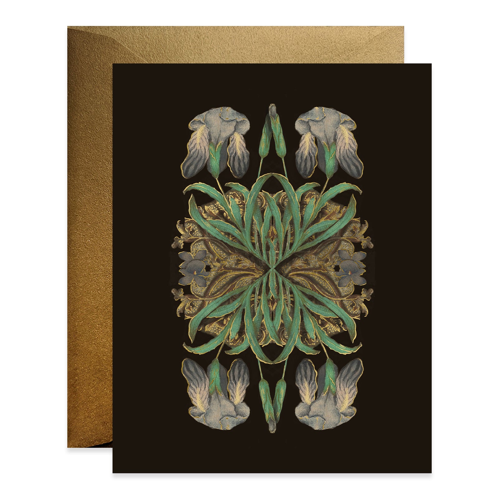 A greeting card with a symmetrical floral design in green, gold, and brown colors on a black background. The card is accompanied by a brown envelope.
