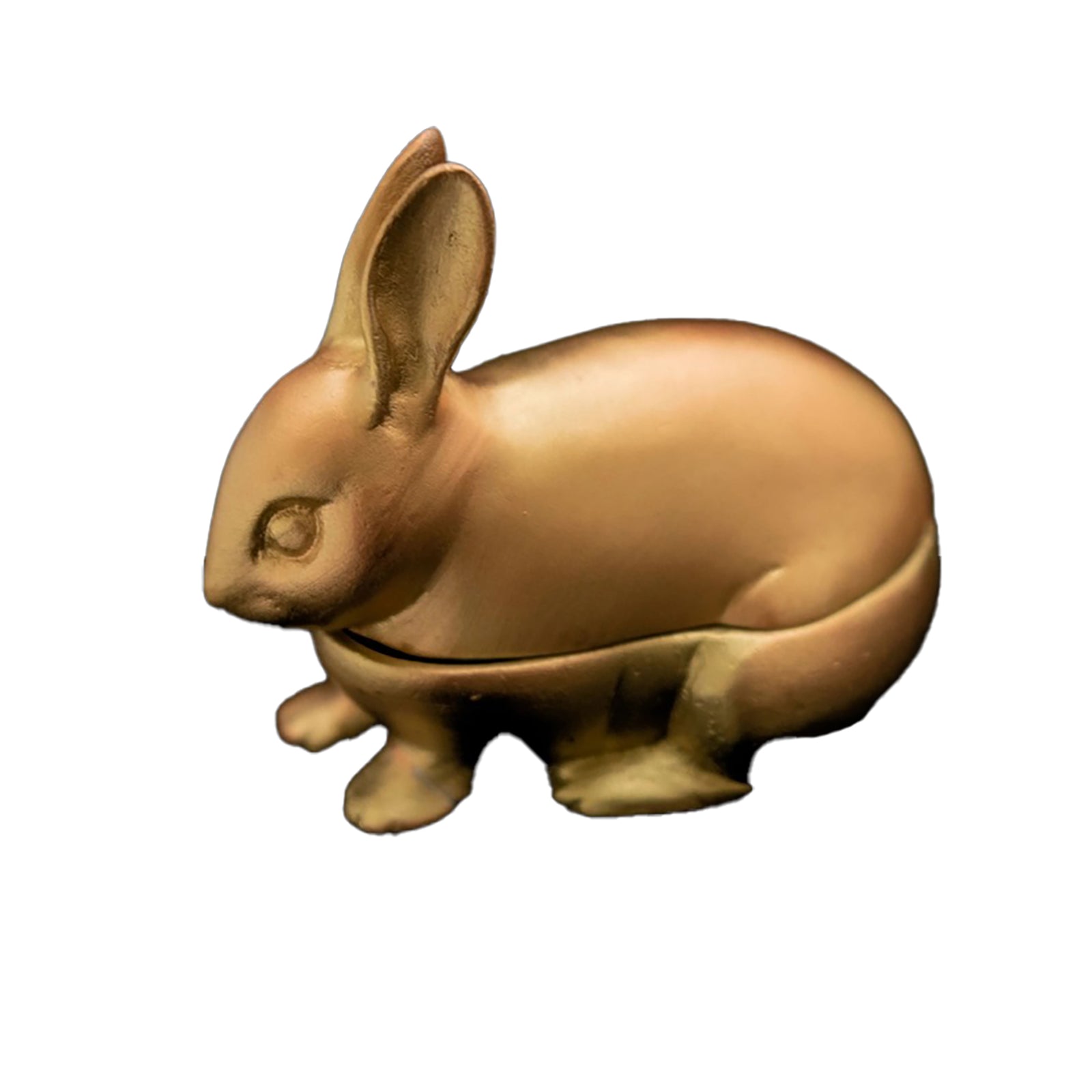 A pewter trinket box in the shape of a hare with an antique brass finish.
