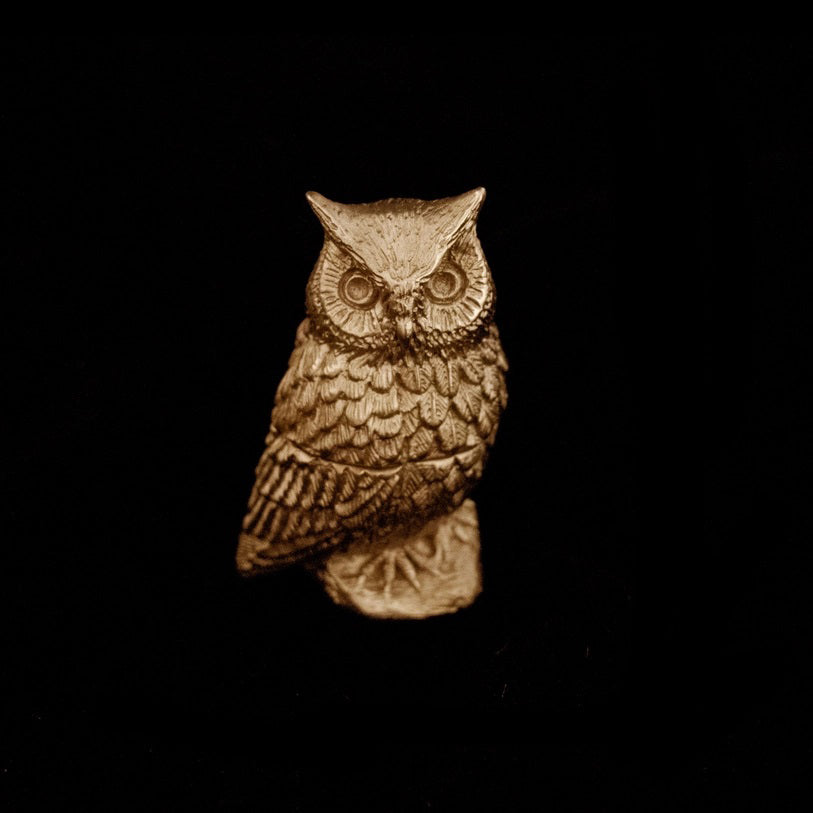 Bronze owl figurine on a white background