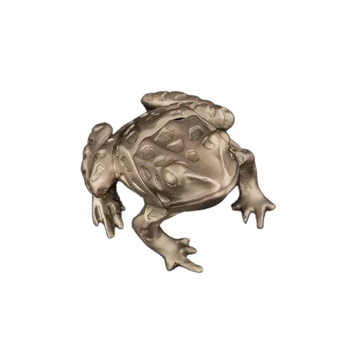 A pewter trinket box in the shape of a frog with an antique pewter finish.