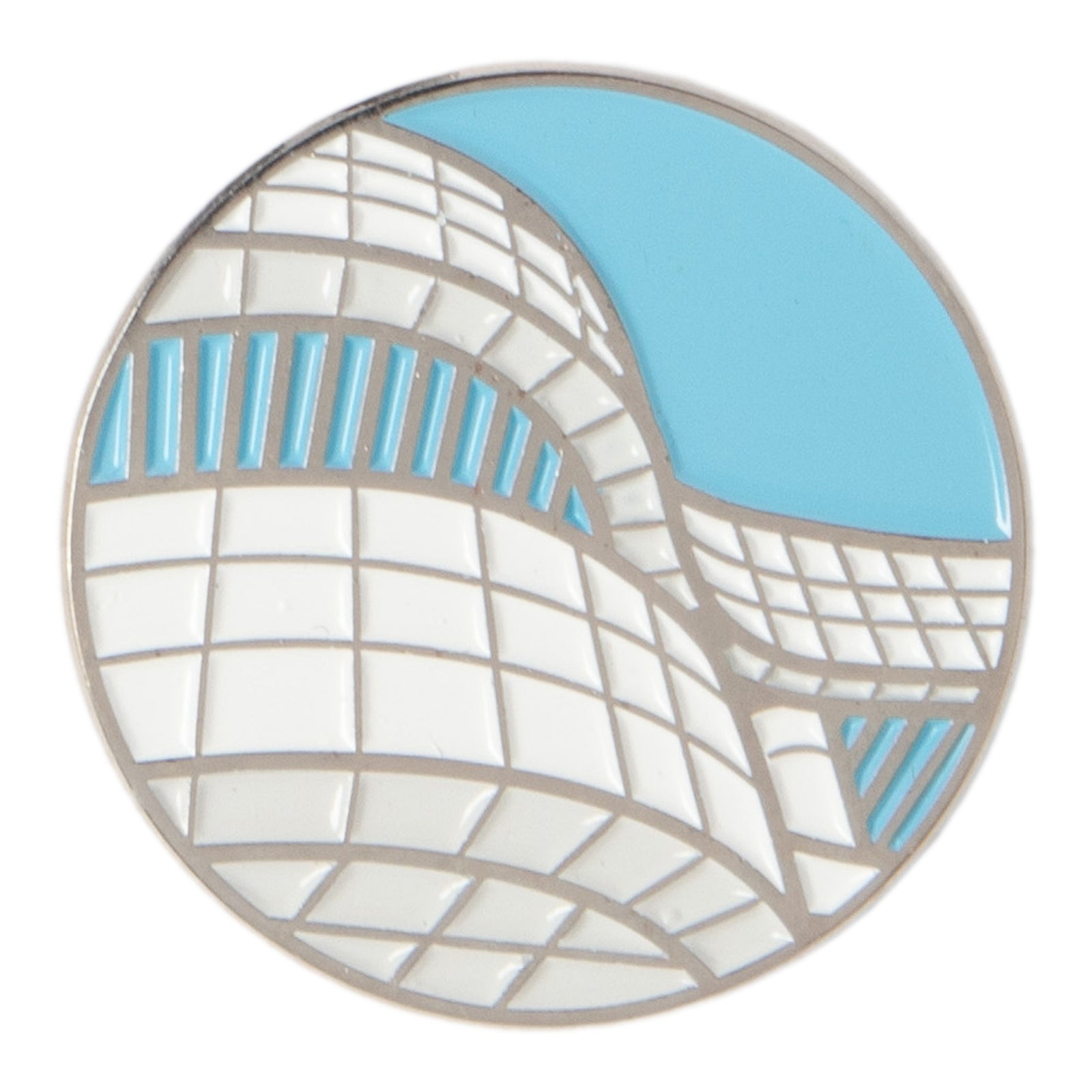 An enamel pin featuring a stylized representation of the Getty Center's architecture with blue sky and white building lines.