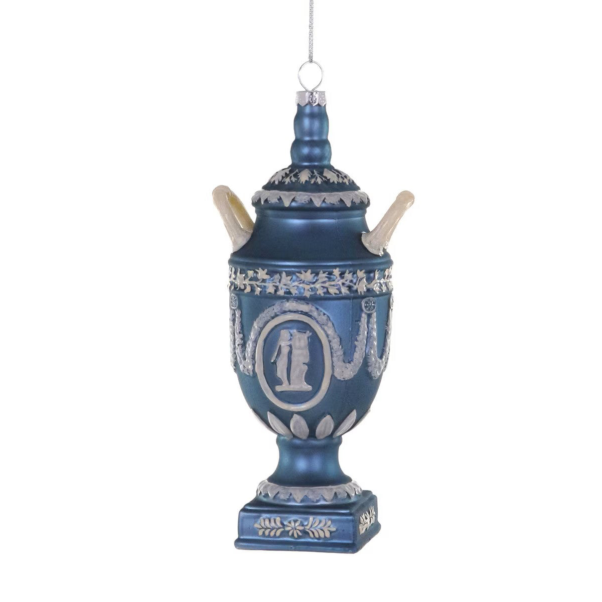 Decorative blue urn ornament with white detailing on a white background