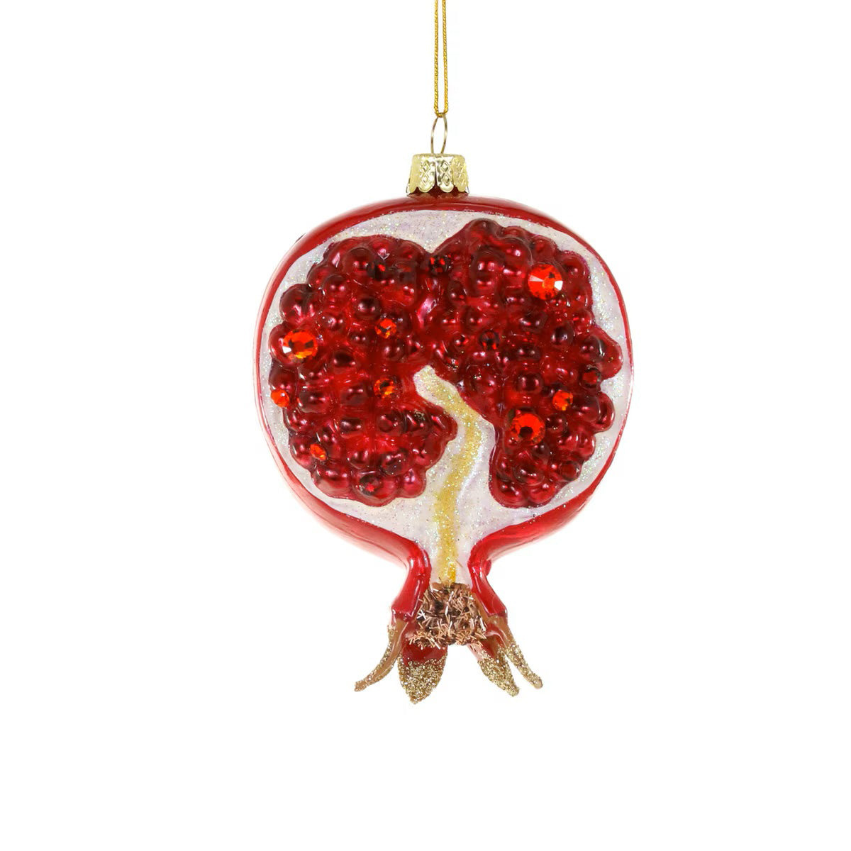 Decorative pomegranate ornament with red seeds on a white background