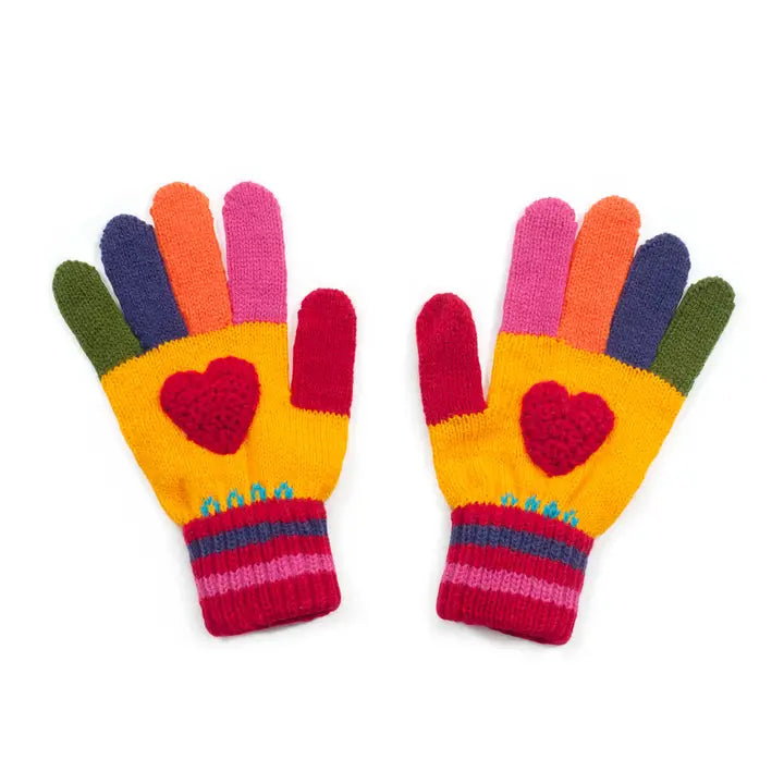 Colorful gloves with heart design on a white background