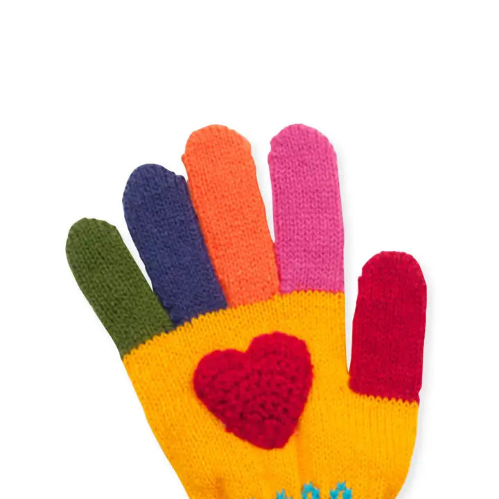 Colorful knitted glove with a heart design on a white background
