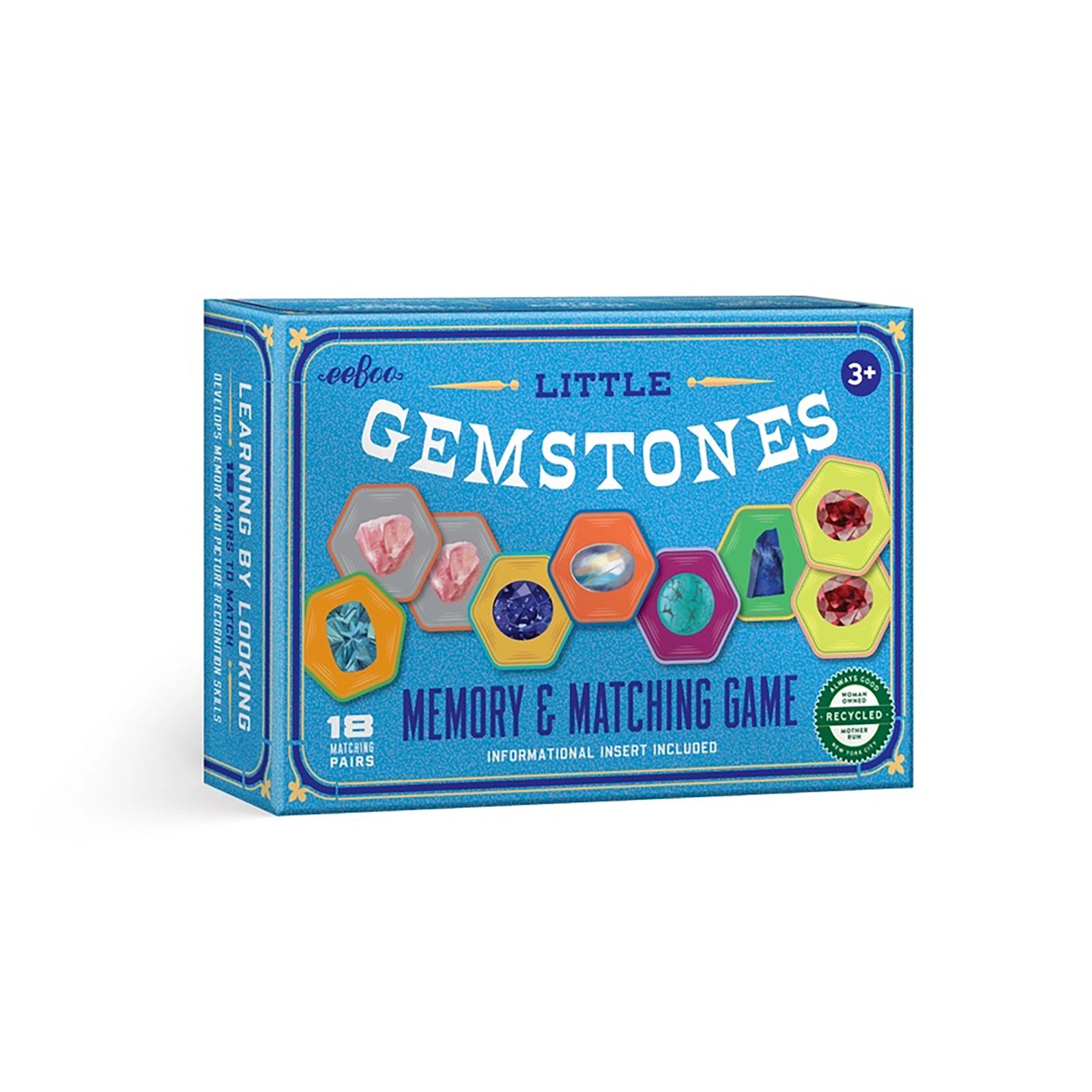 Box of 'Little Gemstones' memory and matching game on a white background