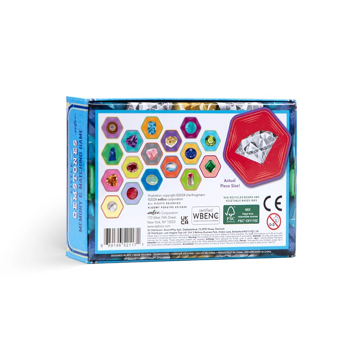 Box of gemstone game with colorful gem illustrations on a white background