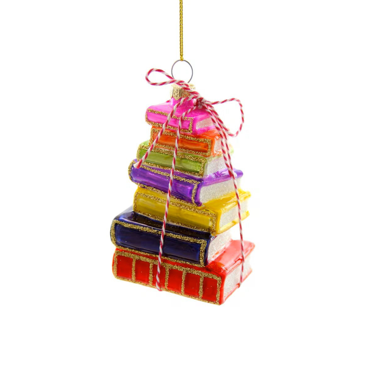 Colorful stack of books Christmas ornament on a white background