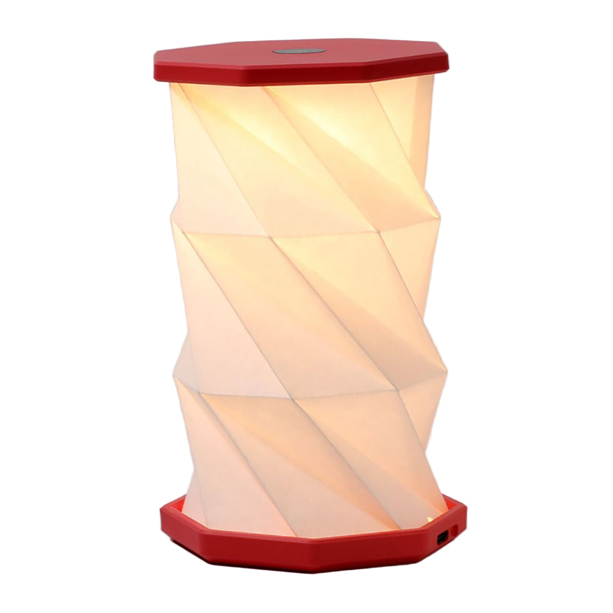 Lamp with red base and geometric design on a white background