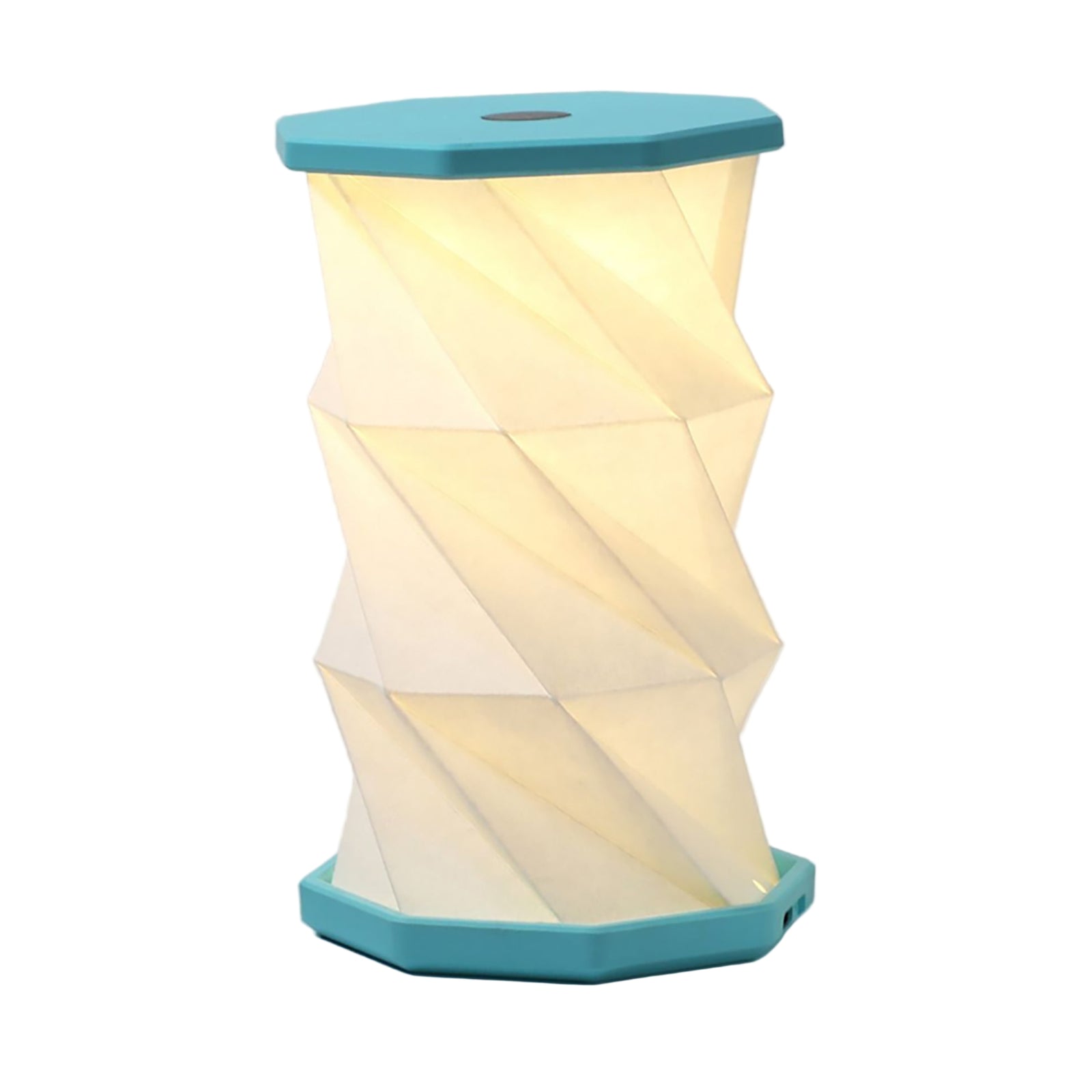 Geometrically designed lamp with a blue top and base on a white background