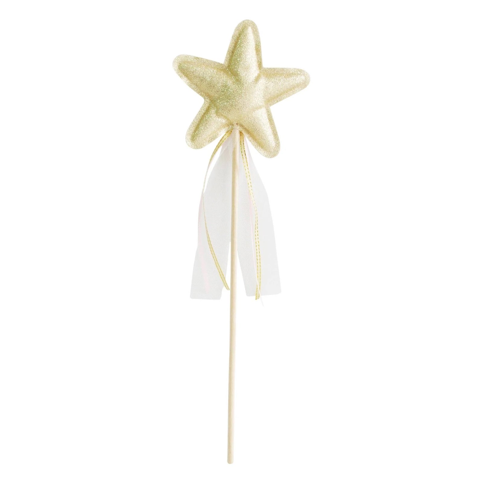 Gold star-shaped wand with a white ribbon on a white background