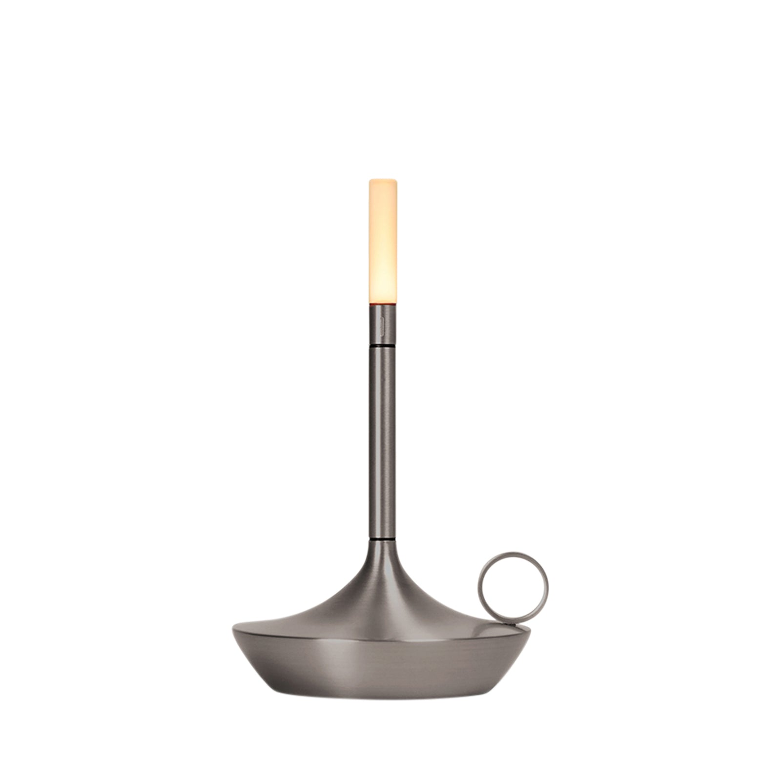 Modern pendant light with a metallic base and cylindrical shade on a white background