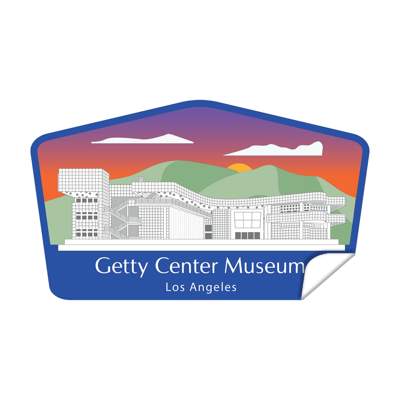 A die cut vinyl sticker with an illustrated version of the Getty Center Museum, featuring building outlines and a colorful sky background.