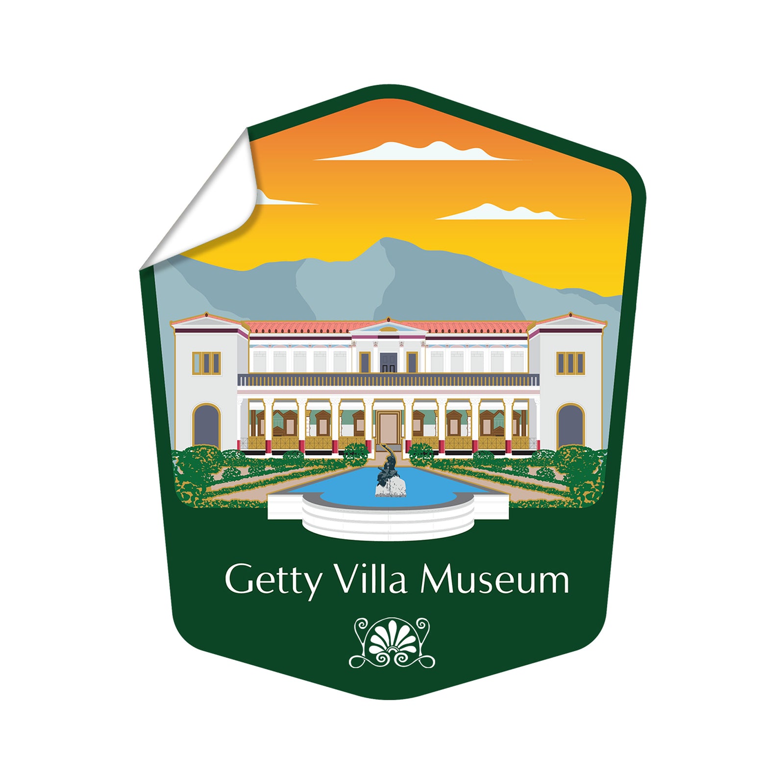 A die cut vinyl sticker depicting the Getty Villa Museum with a stylized illustration of the building and surrounding landscape.