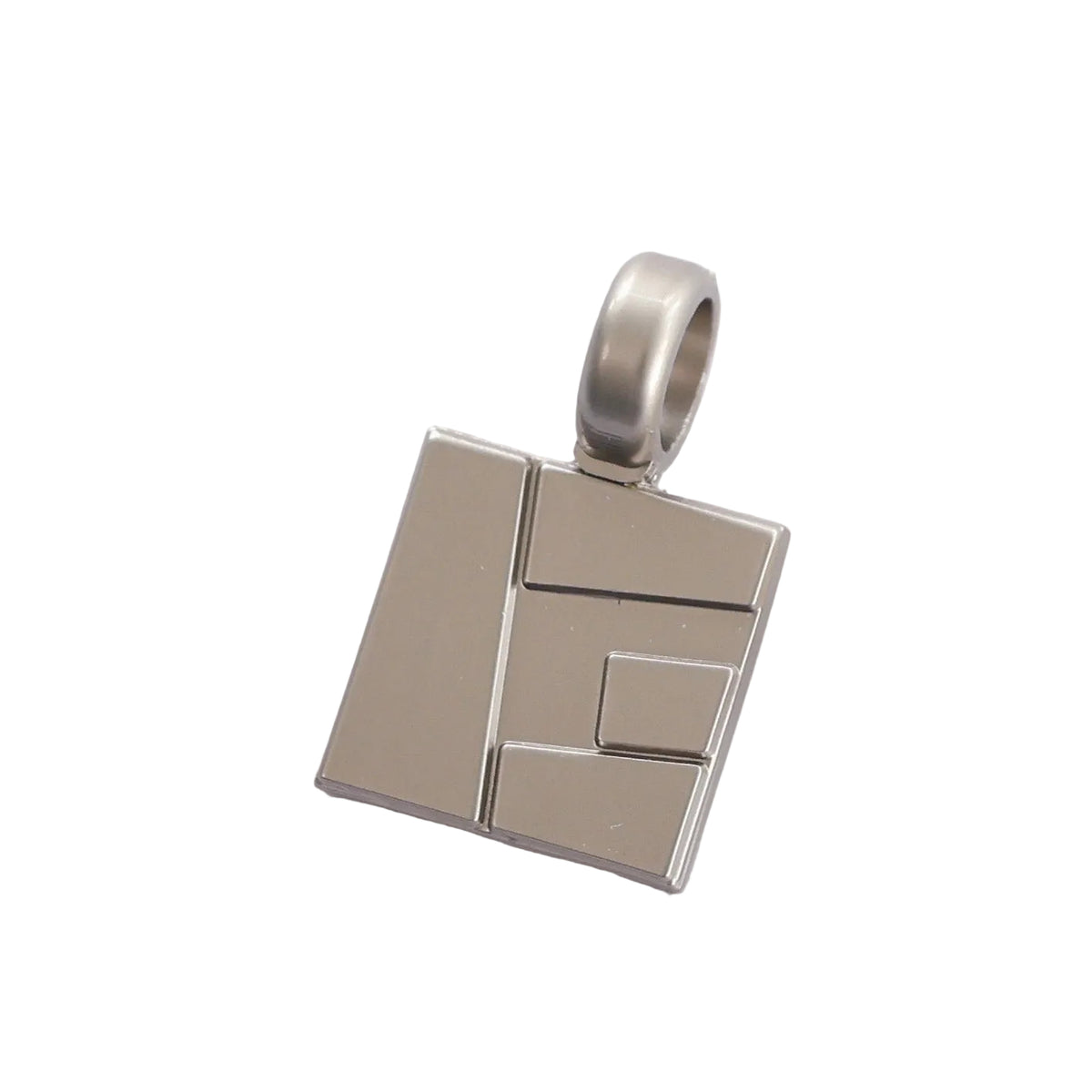 A square geometric pendant charm with a polished metallic finish, featuring an abstract cutout design and a top loop, shown on a plain white background.