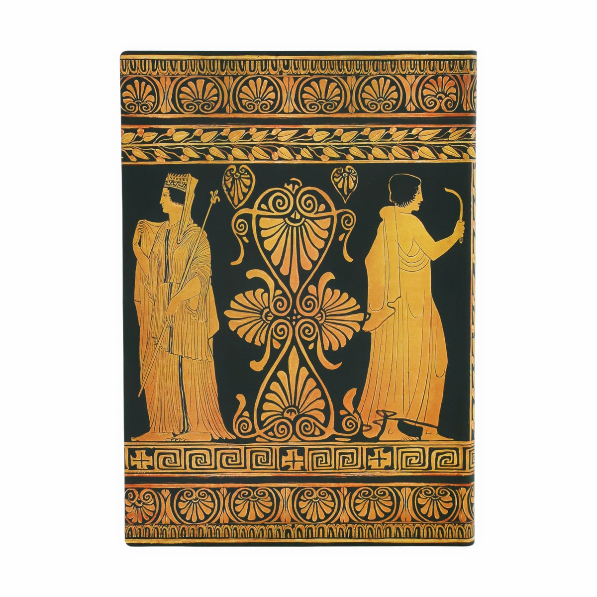 Decorative book with classical design featuring two figures and intricate patterns on a black background.