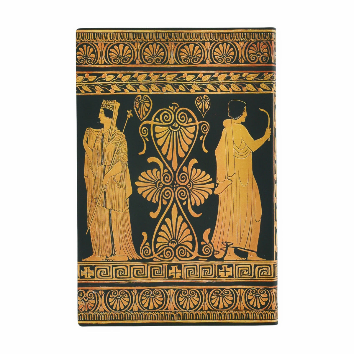 Decorative notebook with classical design featuring figures and patterns on a black background
