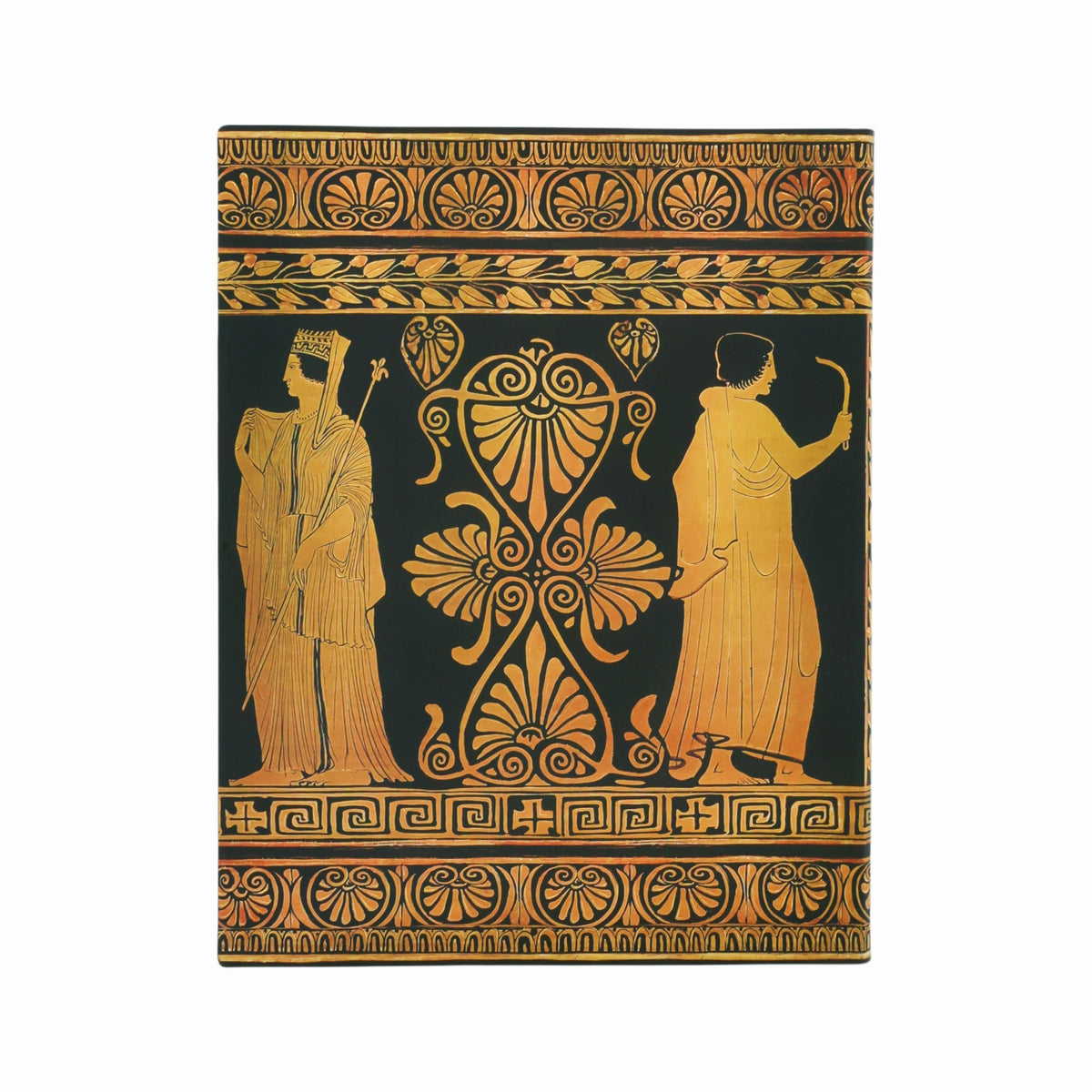 Decorative notebook with classical design featuring two figures and intricate patterns on a black background.