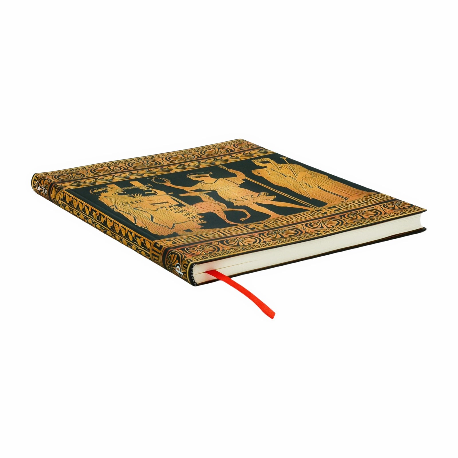 Decorative book with classical design featuring figures and patterns on a black background