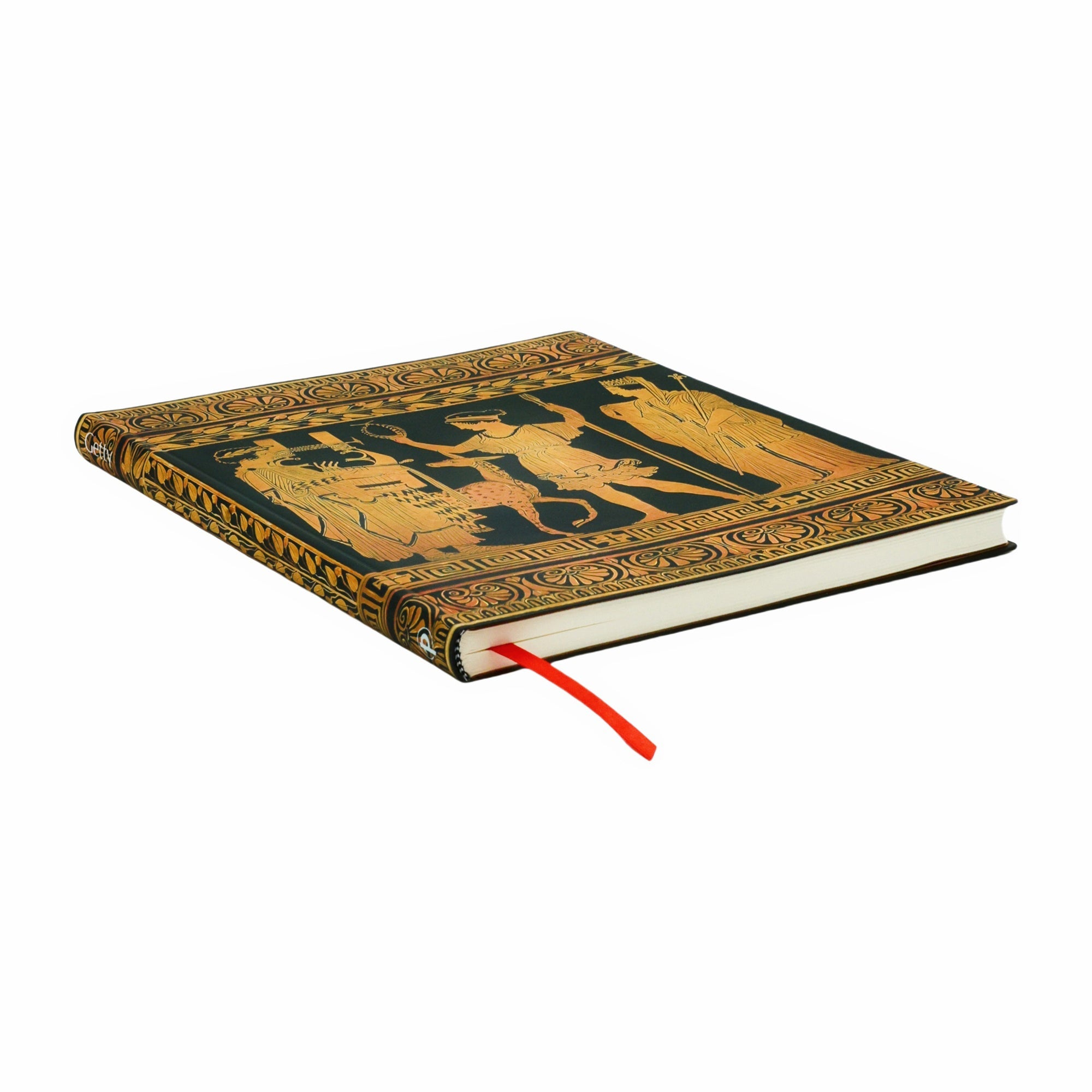 Decorative book with classical design featuring figures and patterns on a black background