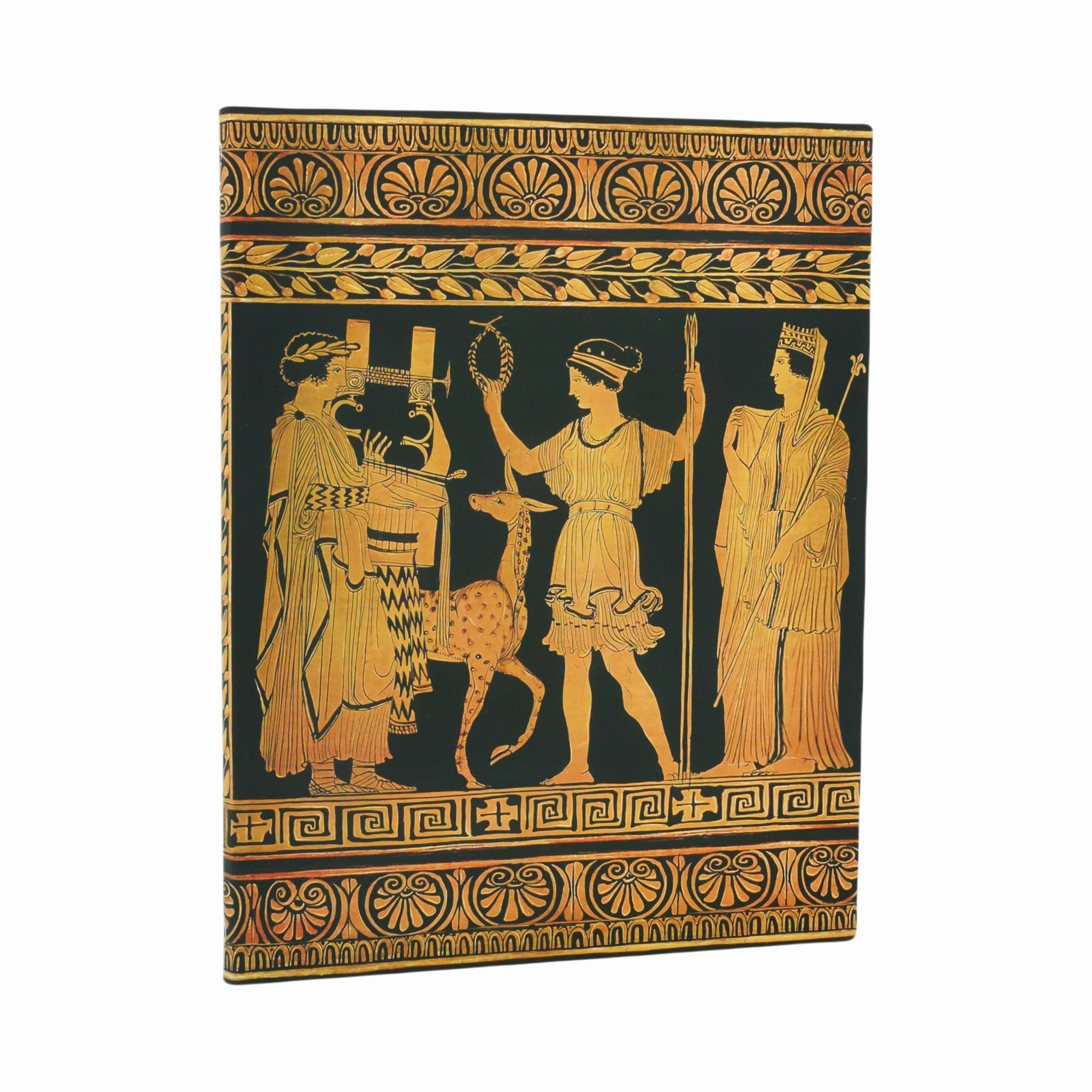 Decorative book with classical design featuring figures and patterns on a black background