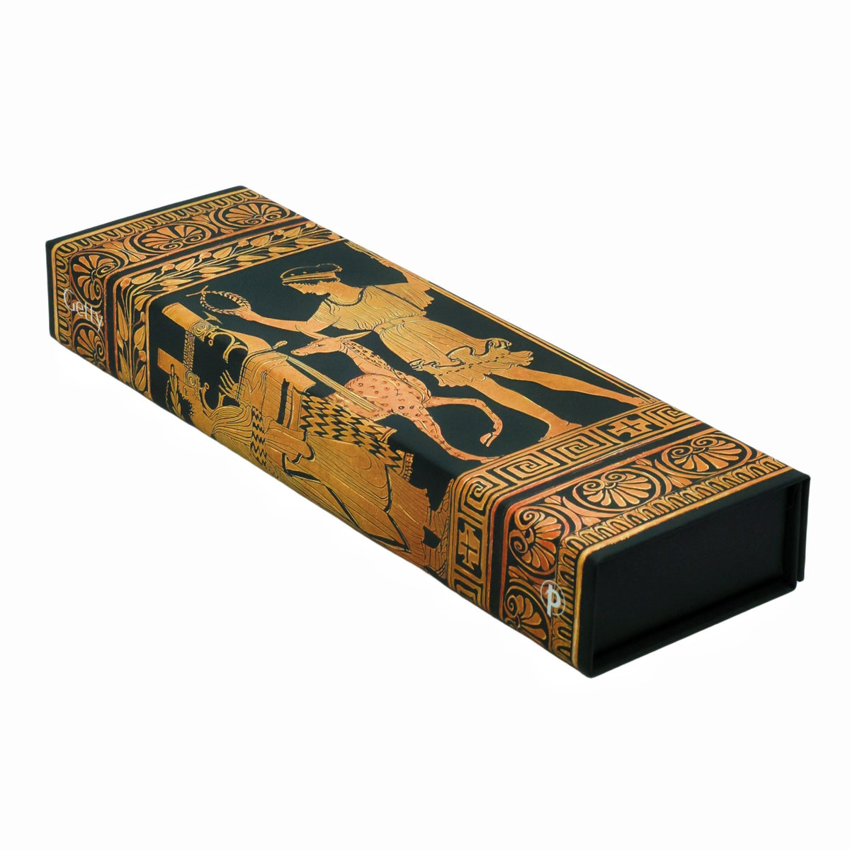 Decorative pencil box with classical design on a white background