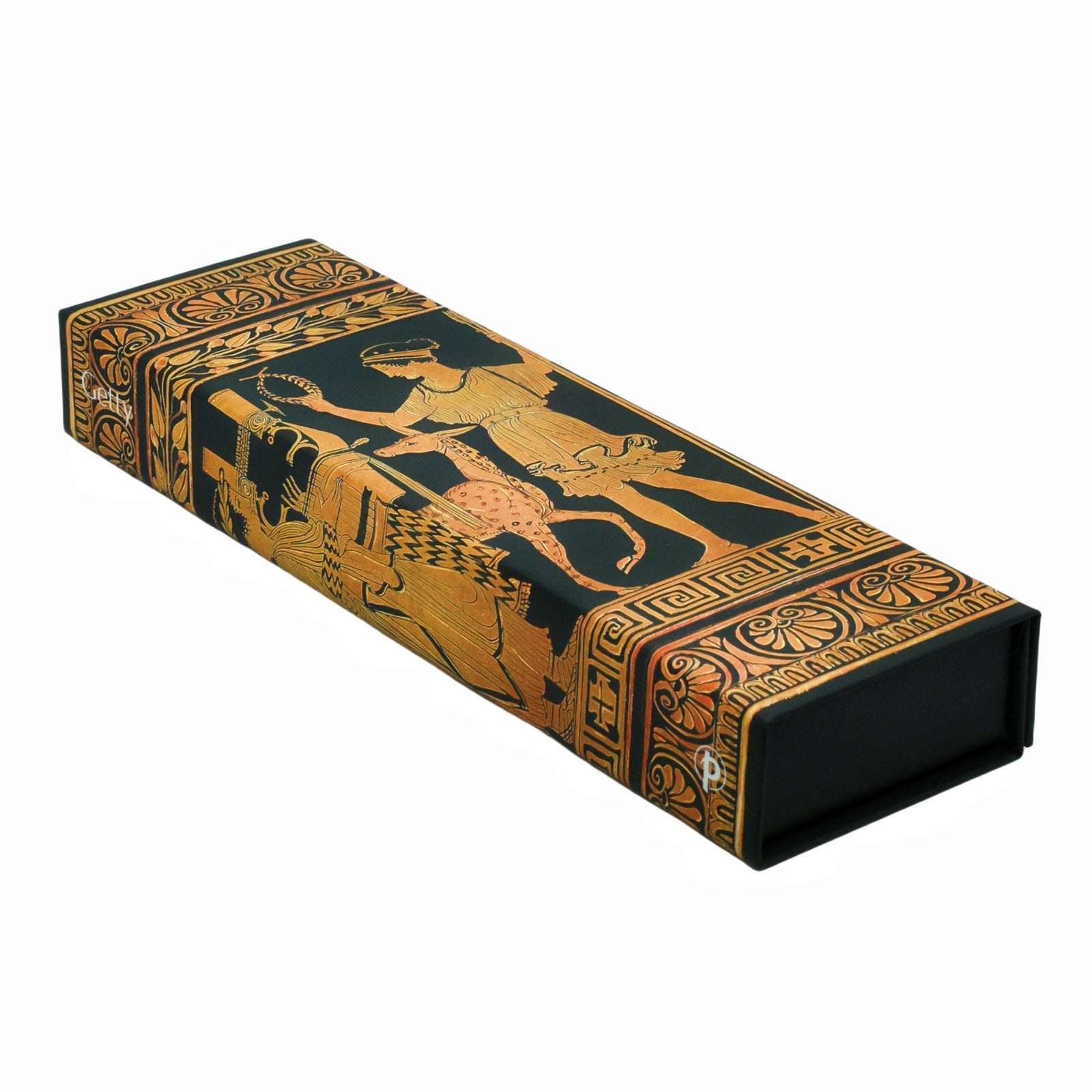 Decorative pencil box with classical design on a white background