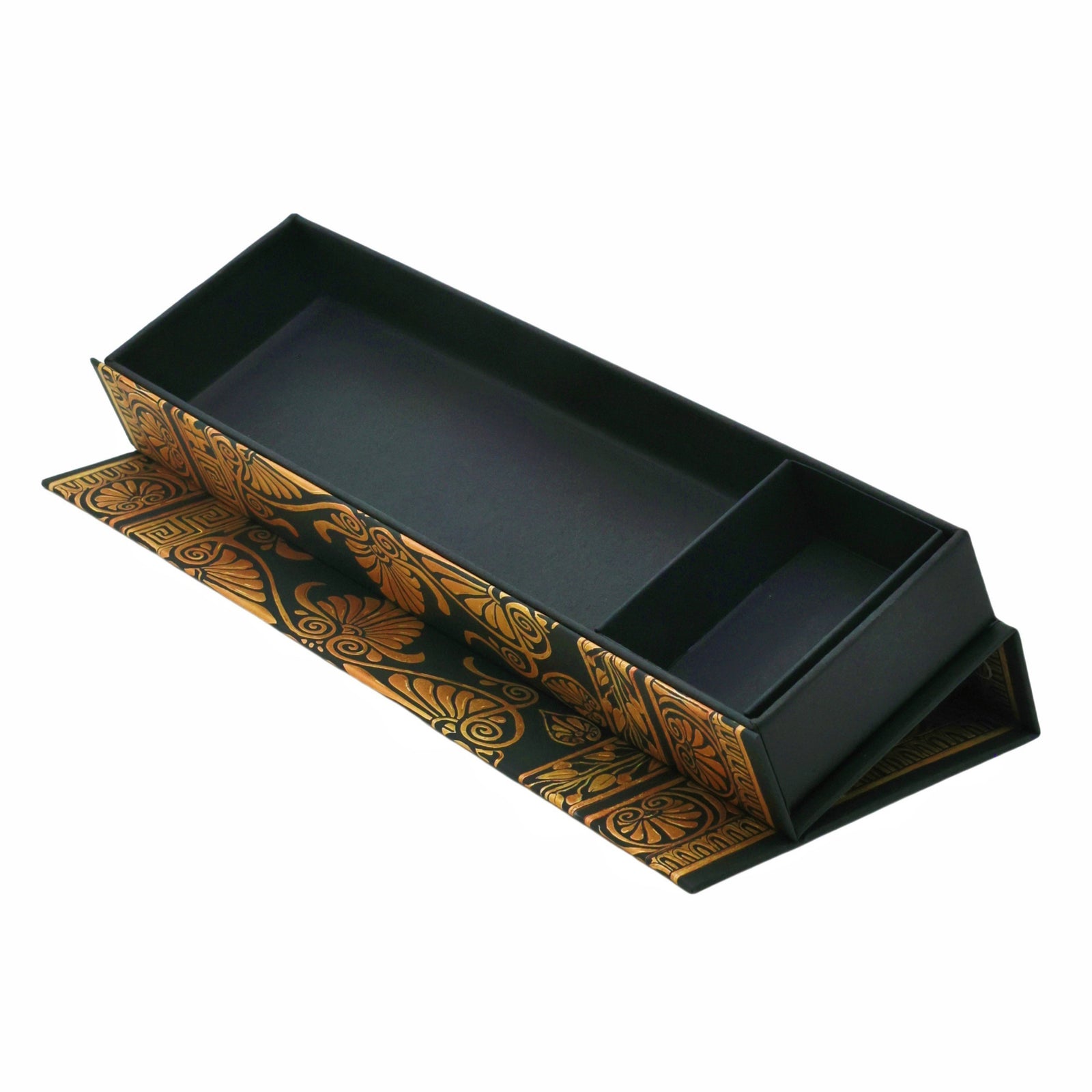 Decorative pencil box with classical design on a white background