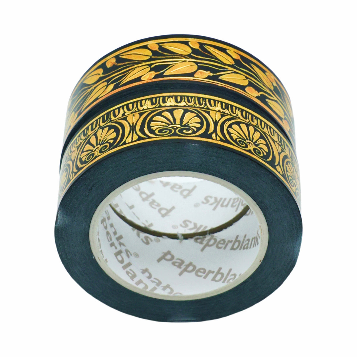 Decorative tape with black and gold pattern on a white background