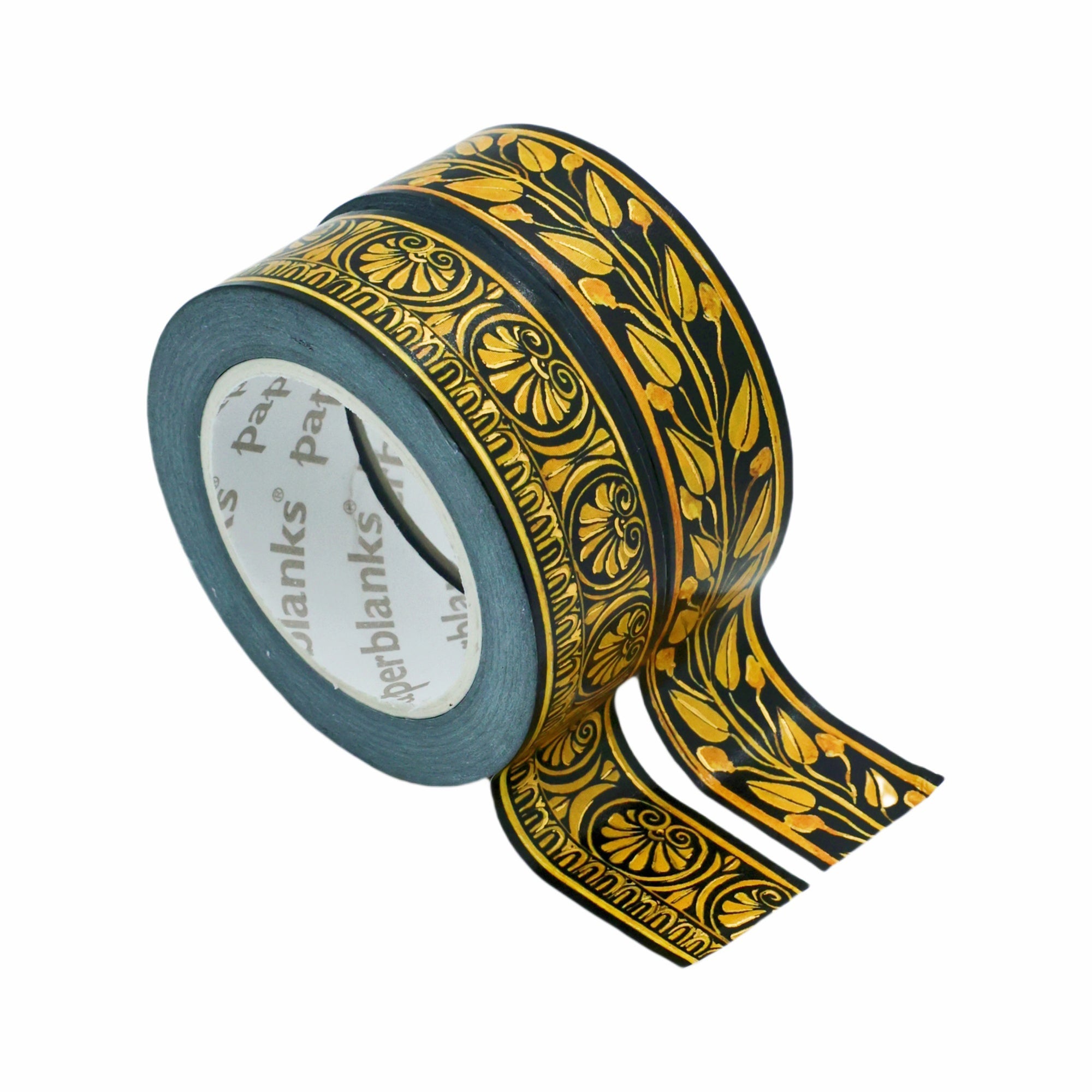 Decorative tape with black and gold pattern on a white background