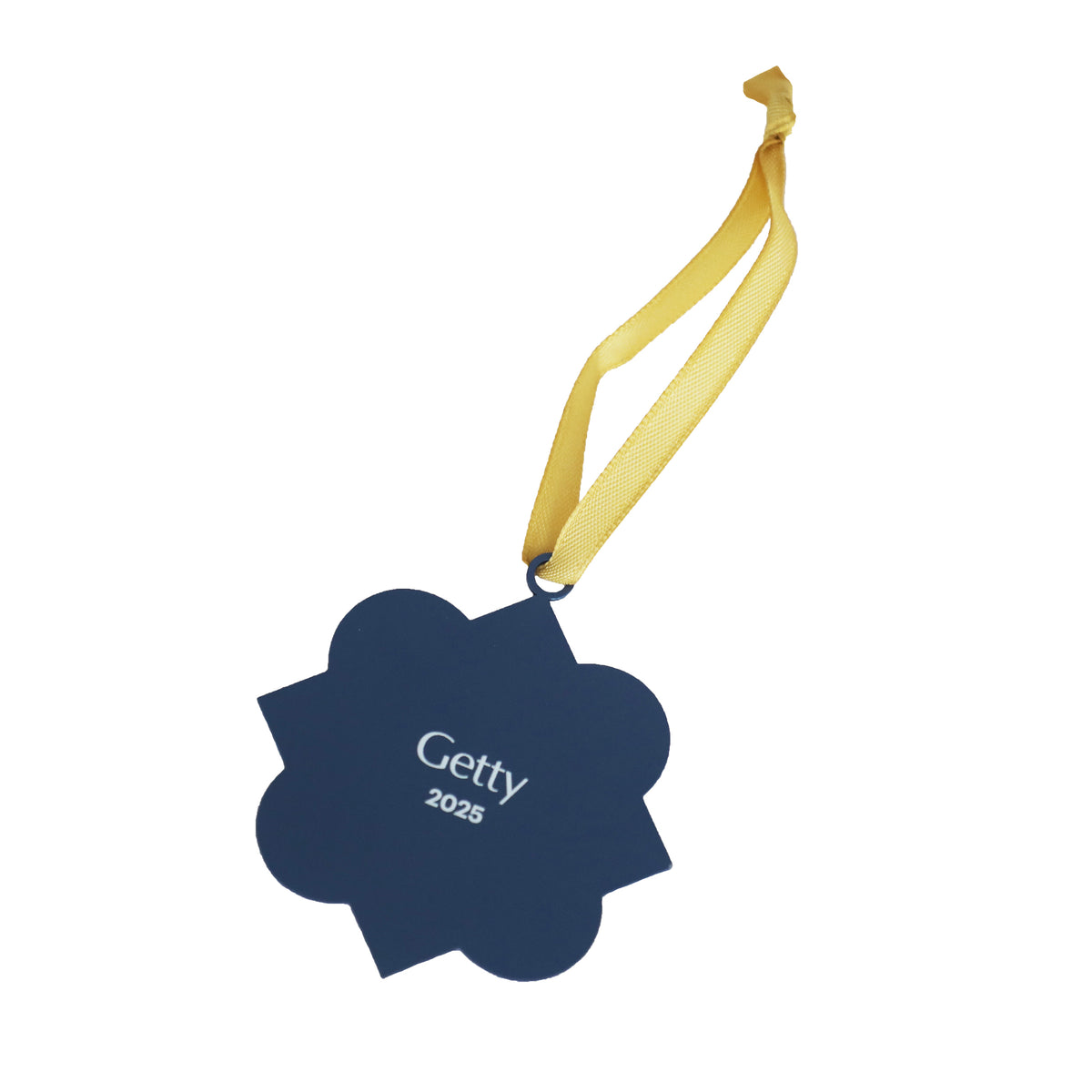 Blue decorative tag with 'Getty' and '2025' text, attached to a yellow ribbon on a white background.