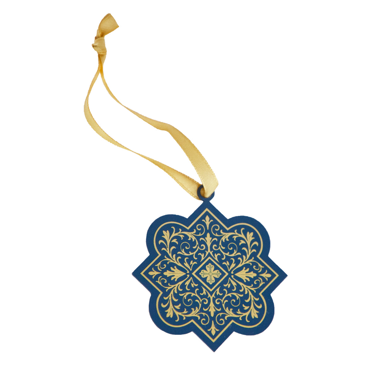 Decorative blue and gold ornament with a ribbon on a white background