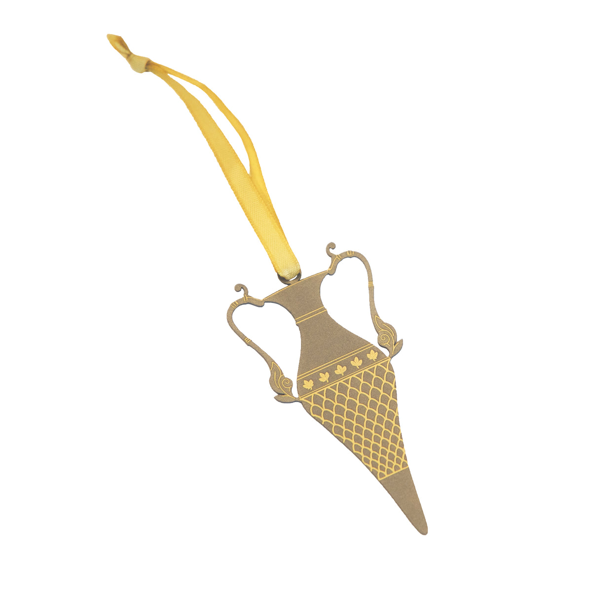 Ancient vessel shaped ornament with a yellow ribbon on a white background