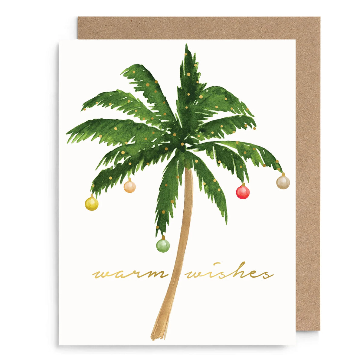 Holiday card featuring a palm tree saying "warm wishes"