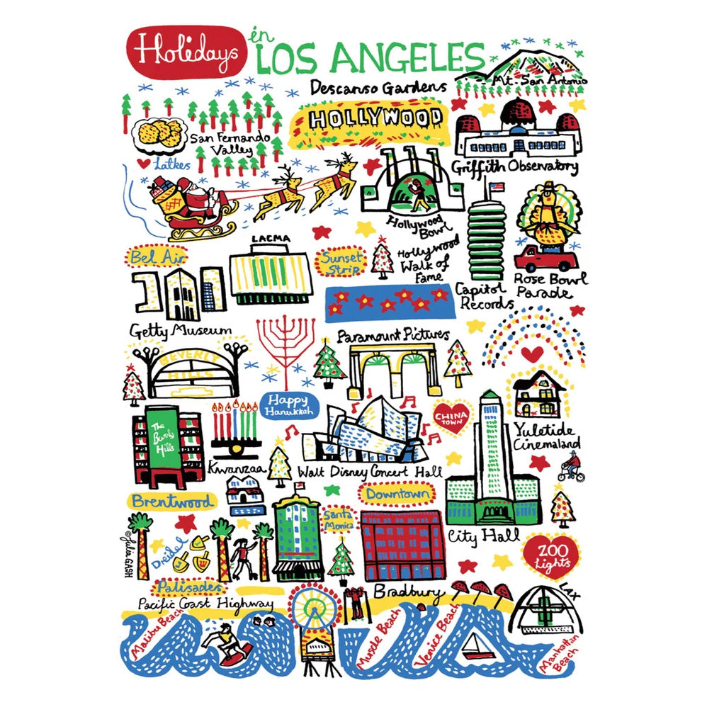 A colorful illustrated poster titled "Holiday in Los Angeles" featuring hand-drawn cartoon landmarks, festivals, and attractions such as Santa Muerte, Laemmle Park, Griffith Observatory, Disney Concert Hall, and the Hollywood Sign, with small labels and decorative doodles on a white background.