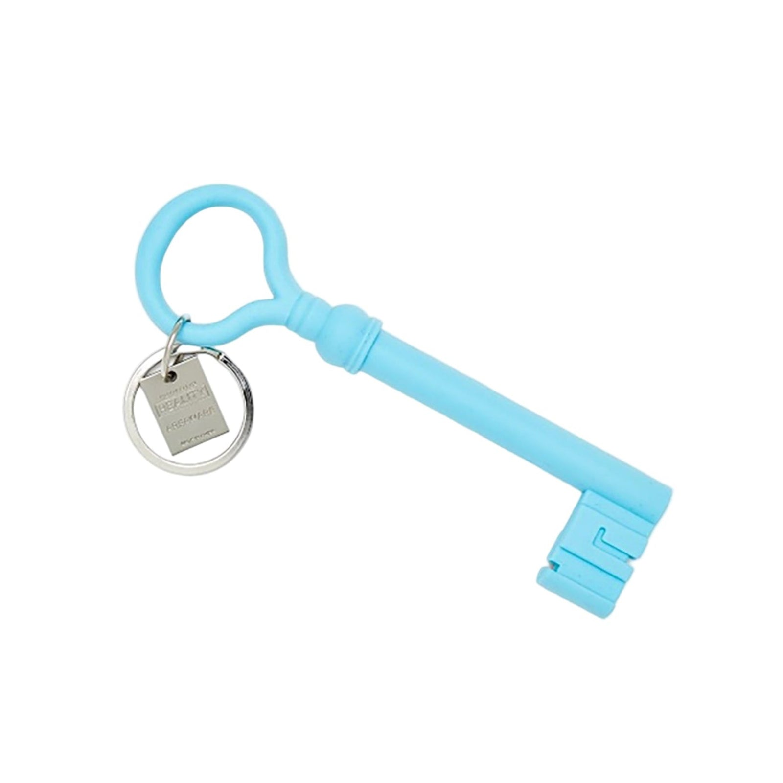 Blue key-shaped keychain on a white background